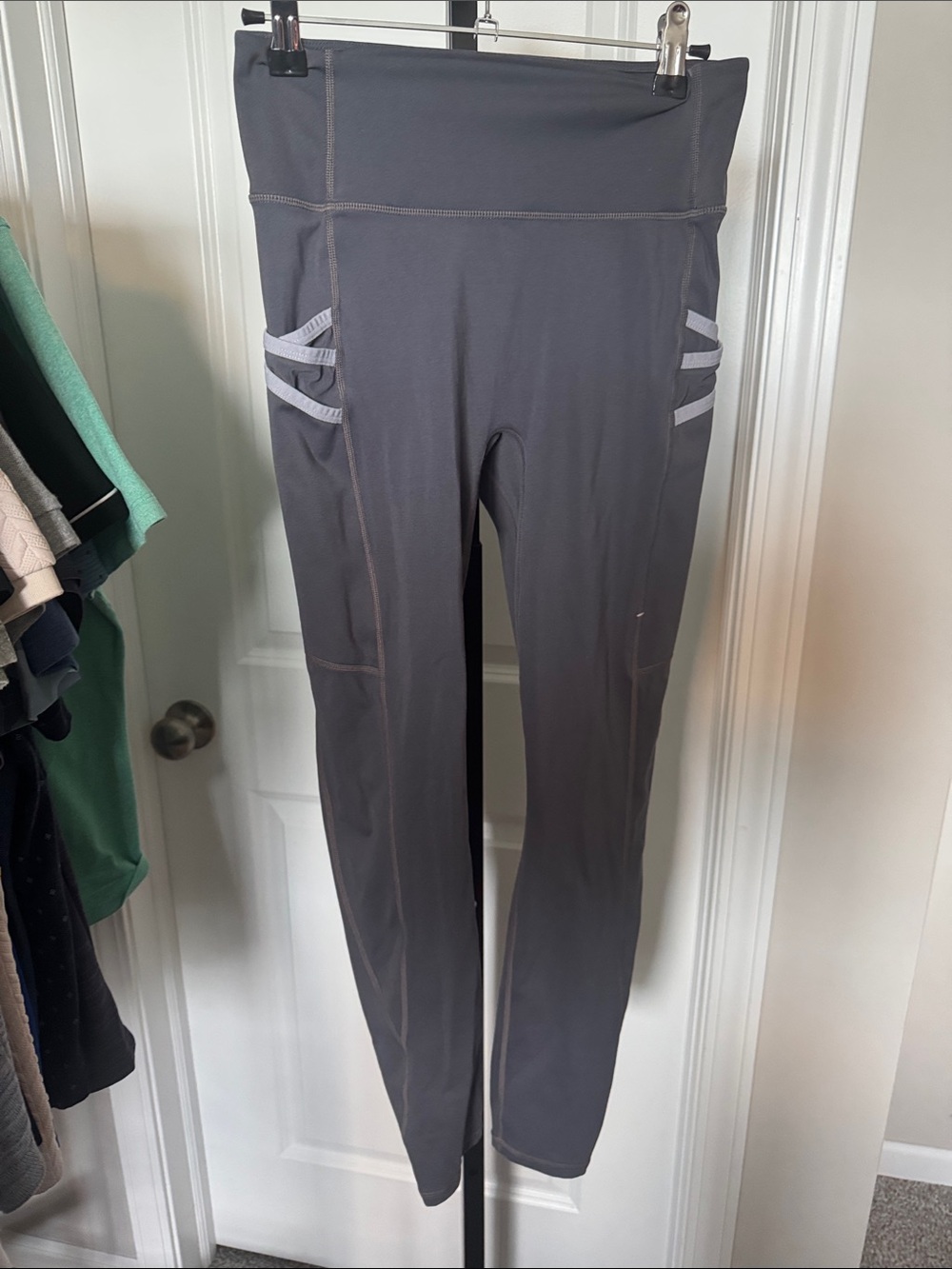 Fabletics Gray High-Waist Performance Leggings with Side Stripe